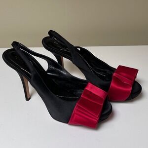 Kate Spade New York Satin Red Bow Slingback Peep Toe Heels‎ Made in Italy 7.5